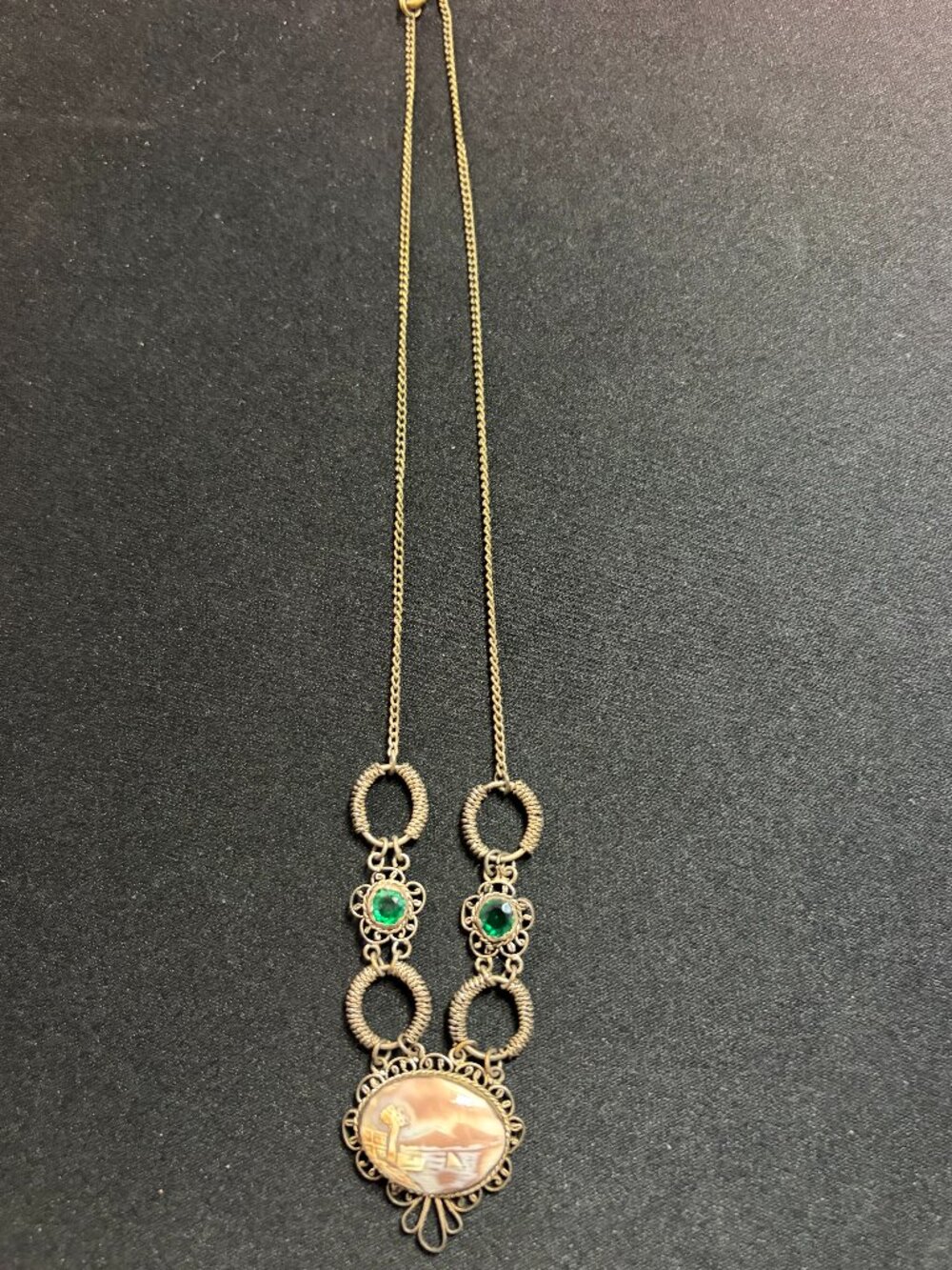 Vintage Style Filigree Statement Necklace Green Stones Cameo Pendant
